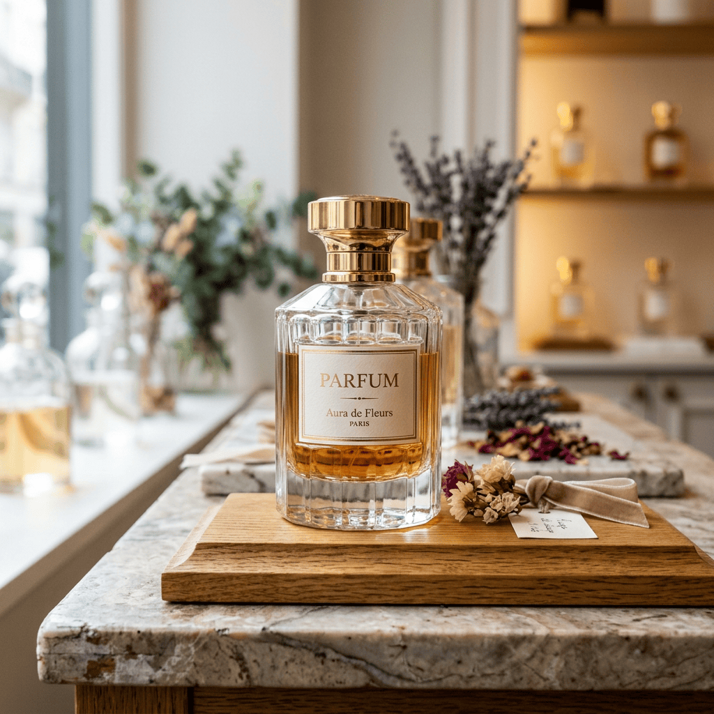 Glass perfume bottle labeled Parfum Aura de Fleurs Paris on wooden tray